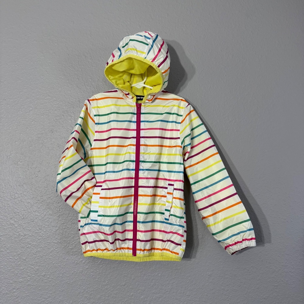 Lands' End Kid's Size S 6-7 Rainbow Striped Hooded‎ Packable Windbreaker Jacket
